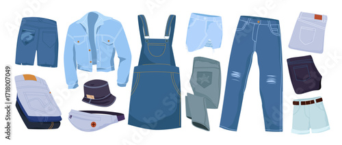 Denim clothing, casual models set. Ragged pants and folded trousers, overall and skirt, cap and unbuttoned shirt made of denim material in light and dark blue colors cartoon.