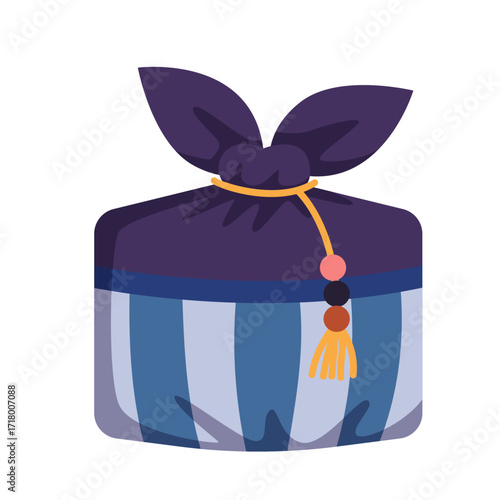 Korean gift bag to Lunar New Year or Chuseok celebration, souvenir to event. Blue bag of square shape, pouch with stripe pattern and string with beads and tassel decoration cartoon vector illustration