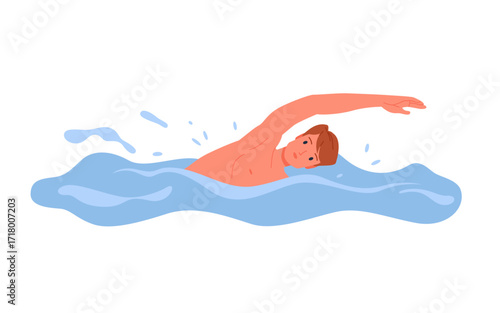 Swimmer swimming in blue sea and ocean water waves. Front crawl stroke training or competition in pool, male lifeguard swimming to help and save life of drowning man cartoon vector illustration