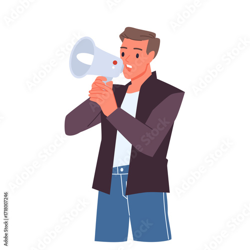 Young man shouting in megaphone, public speech of adult speaker on event, side view. Businessman in suit holding loudspeaker to speak at business presentation, conference cartoon