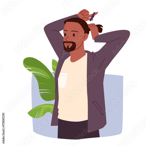 Stylish man doing ponytail hairstyle, routine home scene before active day. Portrait of young guy with beard and casual outfit, character holding hair tie to do hairdo cartoon vector illustration