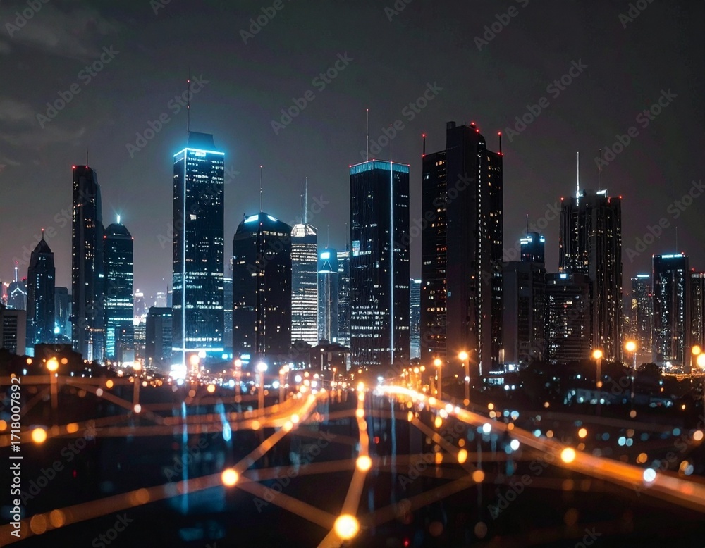 Obraz premium A futuristic city with interconnected light trails from streets and buildings at night.