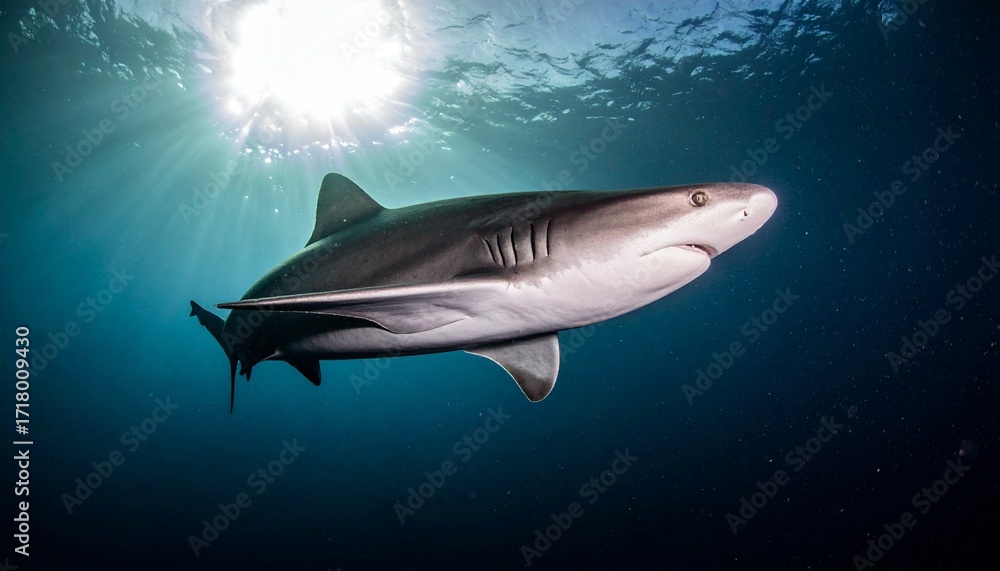 Fototapeta premium Frilled Shark Swimming Through Midwater with Rim Lighting