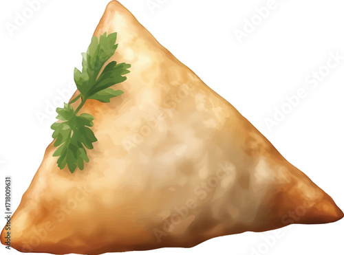 Golden Brown Triangular Pastry with Parsley Garnish on White Background fried