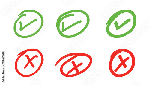 Hand Drawn Set of Green Tick and Red Cross Symbols in Circles for Correct and Wrong Grade Selection