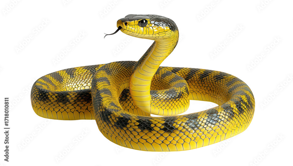 Obraz premium A yellow and black snake coiled elegantly on a smooth white surface. its intricate scales and poised posture. ideal for educational or wildlife-themed content
