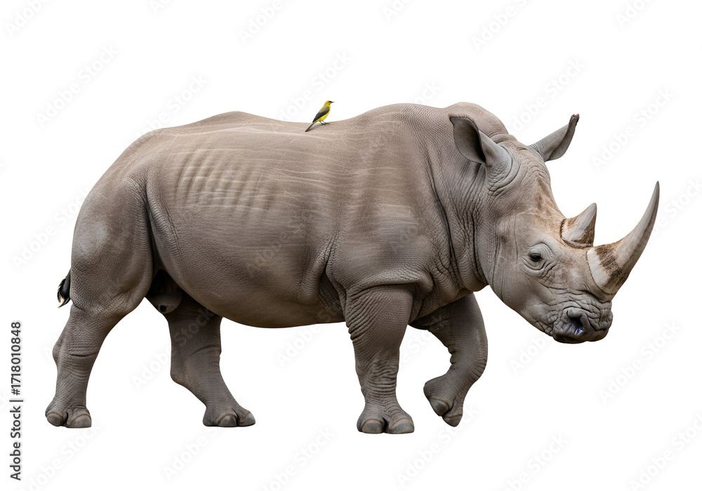 Obraz premium A full shot of a rhinoceros, showcasing its substantial build and textured skin, with a small yellow bird perched on its back against a stark black background.