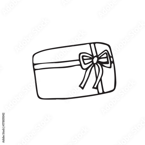 Present box illustration in hand drawn style in black and white representing celebration packaging and surprises. Vector illustration for packaging, stikers, postcard and social media. Not AI