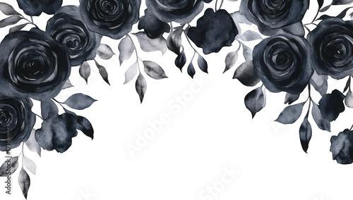 A beautifully designed floral arrangement featuring elegant black roses and leaves. creating a romantic and sophisticated backdrop for invitations or greeting cards