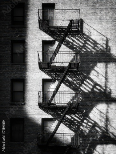 Black and White Fire Escape and Brick Wall Shadows