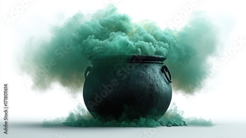 Cauldron bubbling with green smoke isolated on white background