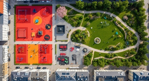 Aerial view of a colourful urban playground and green space in the city
