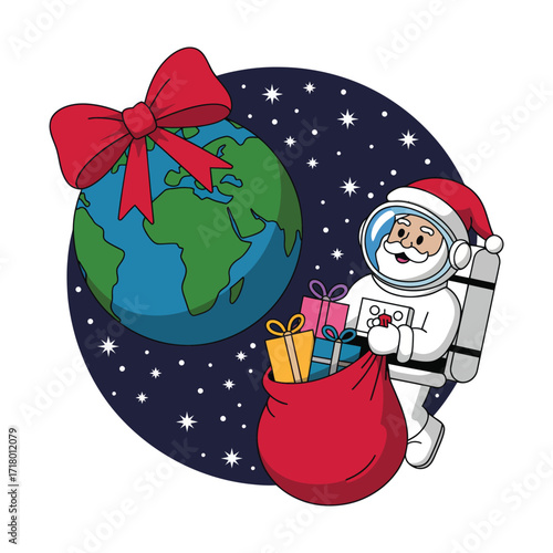 Santa Astronaut Delivering Christmas Gifts in Space with Earth and Bow Illustration