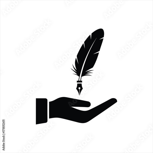 Elegant quill pen icon hovering over an open hand, a symbol of authorship and creative writing