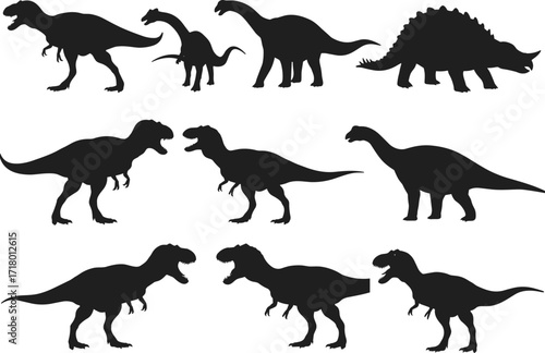 Silhouette dinosaur collection, prehistoric animal vector illustrations, T-Rex, Brachiosaurus, Stegosaurus, Jurassic period creatures, black dinosaur silhouettes for design and education.