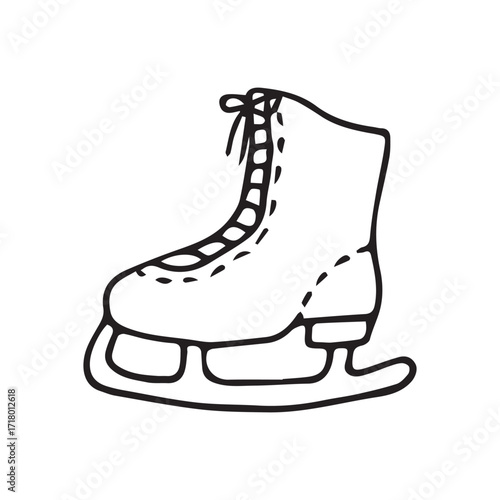 Ice skate illustration in line art style in black and white representing winter sports and skating culture. Vector hand drawn illustration. Not AI