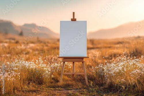 Fototapeta Naklejka Na Ścianę i Meble -  Artist's easel with a blank canvas stands in a sunlit meadow with wildflowers and distant mountains.