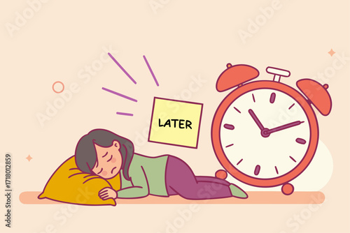 Cartoon illustration of tired person snoozing next to alarm clock