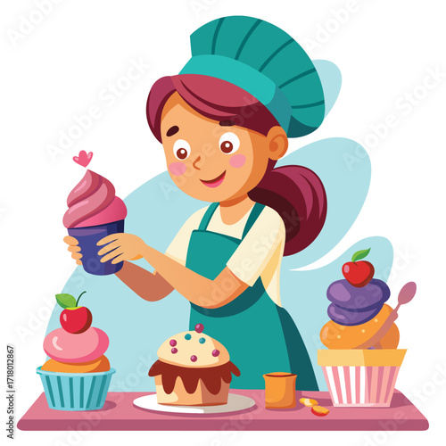 Pastry chef decorating a cupcake