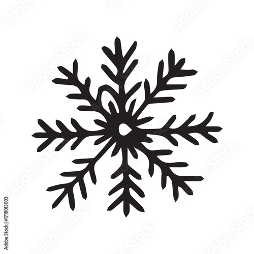 Geometric snowflake emblem in minimal style in black and white representing winter symbol and seasonal branding. Vector hand drawn illustration for stikers, polygraphy and social media. Not AI