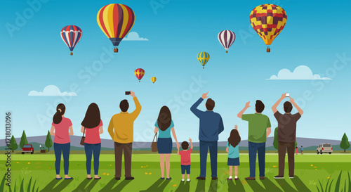 A charming flat design vector illustration depicting a diverse group of people, including families and friends, joyfully watching hot air balloons float across the sky at the Albuquerque International