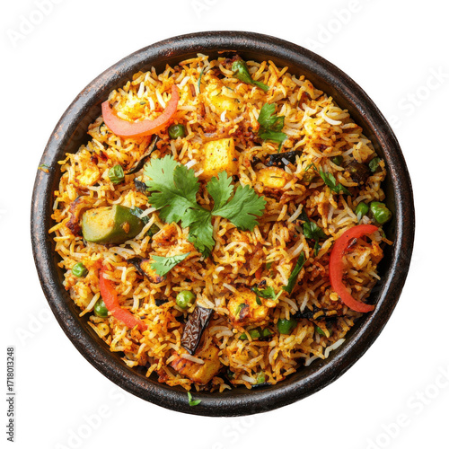  Indian vegetable biryani in balti dish shot from topview and isolated [Transparent Background PNG]
