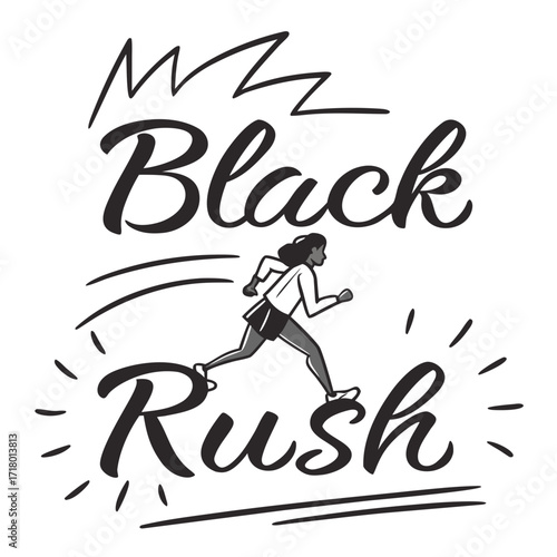 Black Rush lettering with running woman illustration conveying speed energy and determination in a bold and dynamic design