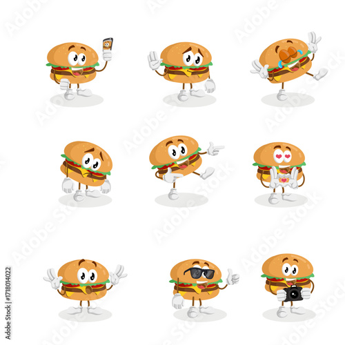Playful Collection of Cartoon Hamburger Characters Expressing Diverse Emotions and Activities, from Waving and Dancing to Taking Selfies, Perfect for Fun Food-Themed Designs and Marketing