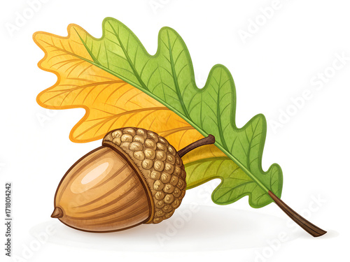 Autumn Acorn with Leaf Illustration – Oak Tree Fruit Vector Design