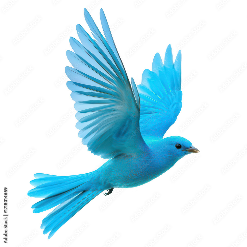 Obraz premium A blue bird in mid-flight. its stunning plumage against a clean white background. symbolizing freedom and natures beauty. ideal for wildlife and nature-themed projects