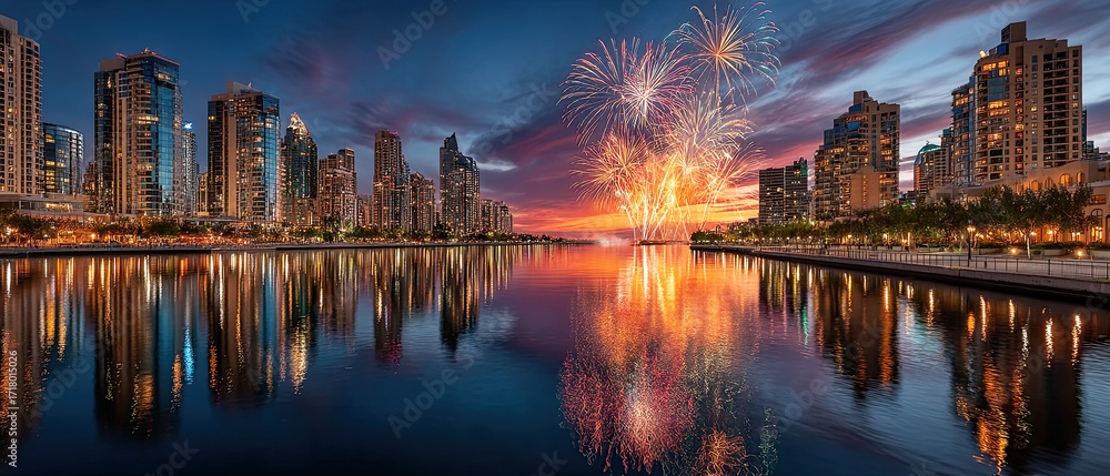 Fototapeta premium Panoramic city skyline with evening lights reflecting on water