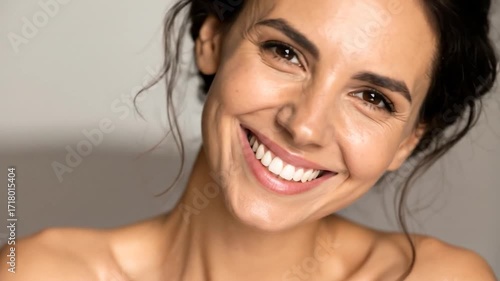 Smiling woman with clear skin and perfect teeth faces forward, hair up