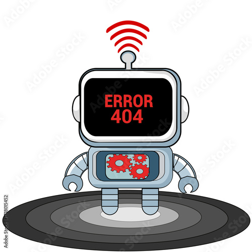 robot with 404 error message, page not found error. System failure 404 error animation on white background.