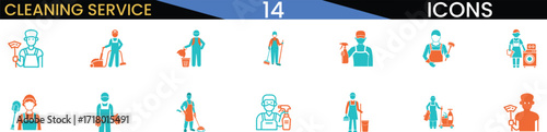 Set of cleaning service icons representing various household chores and tasks vector