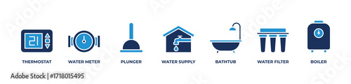 Smart Water & Heat System Icons set vector illustration blue with THERMOSTAT, WATER METER, PLUNGER, WATER SUPPLY, BATHTUB, WATER FILTER, BOILER