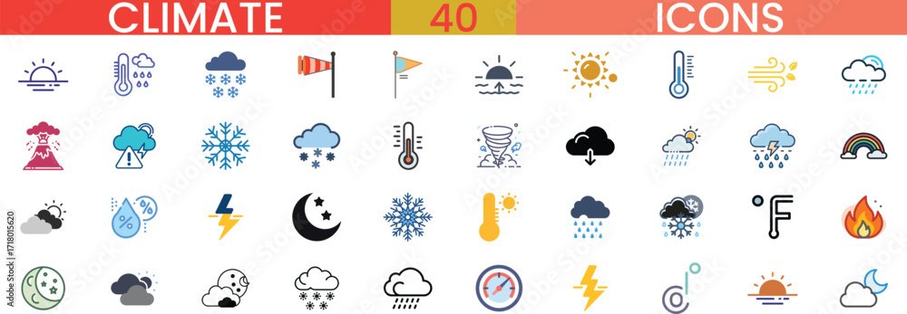 Fototapeta premium Collection of weather climate icons set for meteorology forecasting weather forecast vector