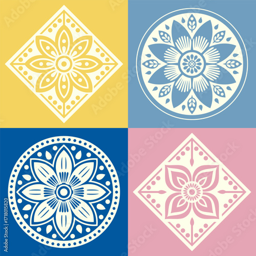 Colorful vector set of ornamental floral motifs in circular and diamond shapes, folk style flowers