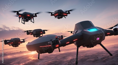 AI-powered drone swarm creating glowing sky patterns