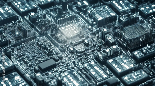 Digital circuit board transforming into a futuristic city