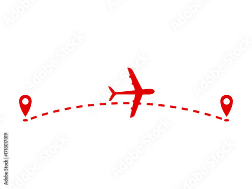 Red airplane flying between two location pins symbolizing travel and transportation