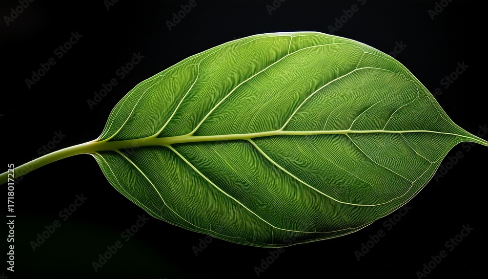 Obraz premium Close Up Of A Single Vibrant Green Leaf Its Smooth Veined Surface Is Sharply Defined Against A Pure Black Background The Leaf S Shape Is Ovate With A Slightly Serrated Edge