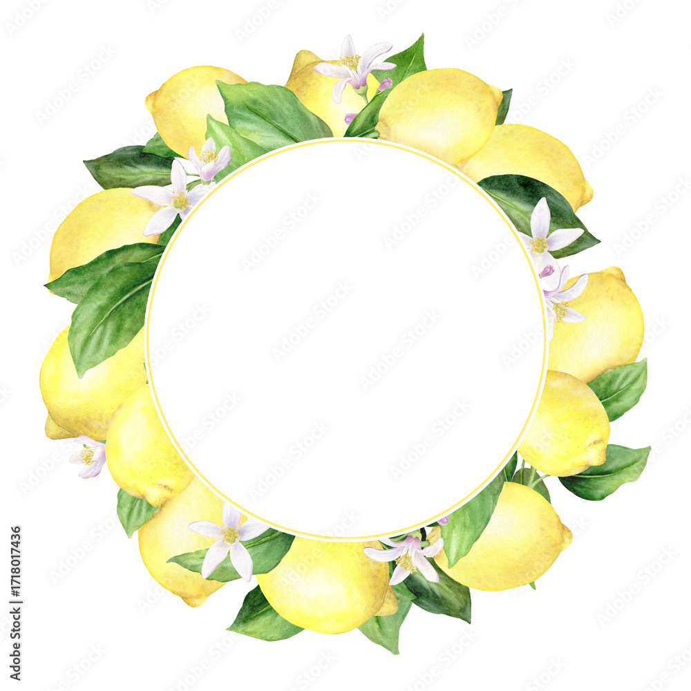 custom made wallpaper toronto digitalWatercolor lemon wreath is hand drawn and consists of lemons, flowers and leaves. Isolated on white background. Suitable for food design and printing.