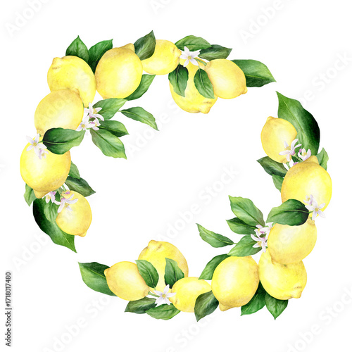 Wallpaper Mural Watercolor lemon wreath is hand drawn and consists of lemons, flowers and leaves. Illustration of a citrus fruit. Isolated on white background. Suitable for food design and printing. Torontodigital.ca