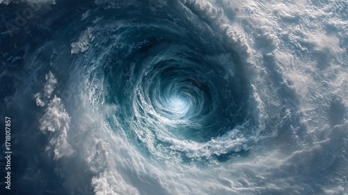 Drone view inside the eye of a massive hurricane, clouds swirling in perfect spiral above ocean waves, captured in breathtaking cinematic aerial