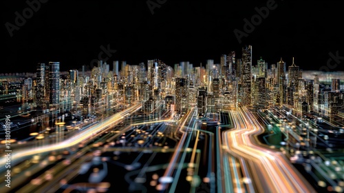Cityscape at night with blurred light trails and skyscrapers.