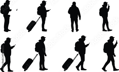 Traveler man silhouette vector with backpack and suitcase using smartphone, walking, standing, airport passenger, travel lifestyle, journey, trip design illustration