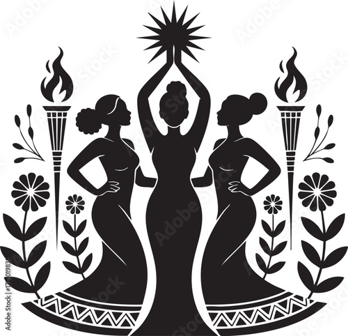 Three Women Holding Star with Torches and Flowers Silhouette