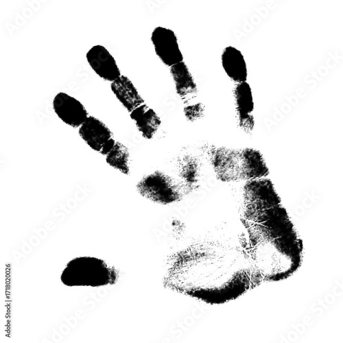 Black ink handprint isolated on white background, grunge fingerprint style for creative design, identity, or forensic concept.