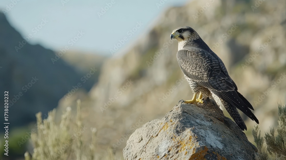 Fototapeta premium A majestic falcon perched on a rugged mountaintop, overlooking a breathtaking panoramic view.