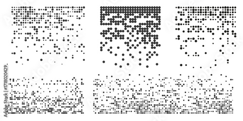 Disintegration set dot circle grain noise, fade halftone effect, disperse dot work, Dispersed background mosaic pixel grid. 